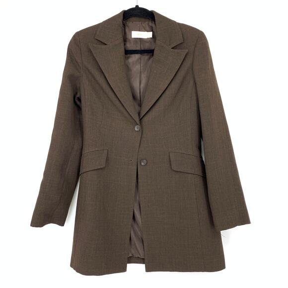 MNG Pant Suit Set Womens Size 8 Long Blazer + Straight Leg Pant Brown One Button - Picture 2 of 12